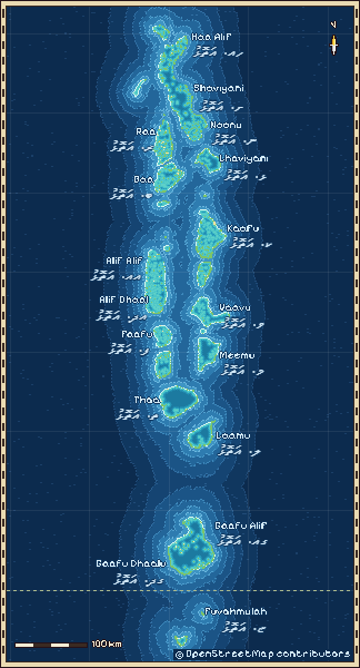 Chart of the Maldives: the atolls from Haa Alif in the north to Fuvahmulah in the south. Map data © OpenStreetMap contributors.