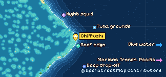 The fishing grounds round Dhiffushi: night squid, the tuna grounds, the reef edge, the deep drop-off, blue water and the Mariana Trench. Map data © OpenStreetMap contributors.